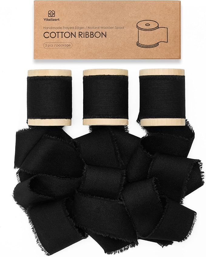 Vitalizart Black Ribbon 1-1/2" x 15 Yd 100% Cotton Handmade Frayed Fringe Fabric Ribbons for Gift Wrapping Wedding Invites Bridal Shower Bouquets Christmas Decorations