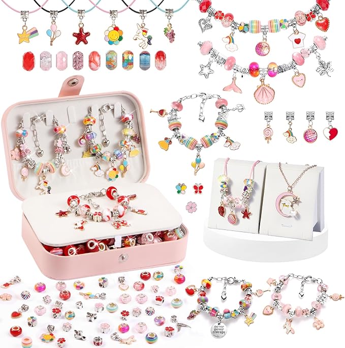 YJK Charm Bracelet Making Kit, 5-12 Year Old Girl Birthday Gifts, 133 Pcs DIY Beaded Jewelry Making Kit with Jewelry Box, Creative Crafts for Girls, Charm Necklace Making kit for Girls (Red & Pink)