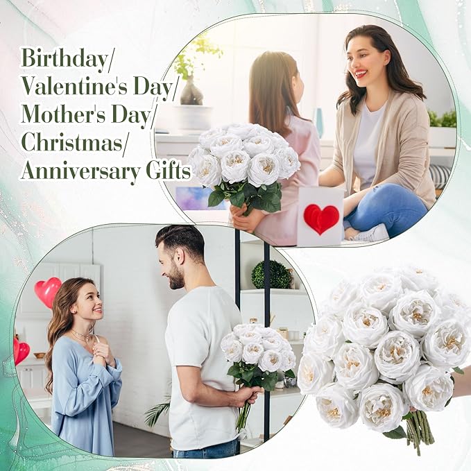 Giegxin 20 Pcs Real Touch Peonies Austin Roses Artificial Flowers, Faux Look Real Long Stems Fake Flower with Big Blooms for Christmas Valentines Wedding Party DIY Arrangement Home Decor(White)