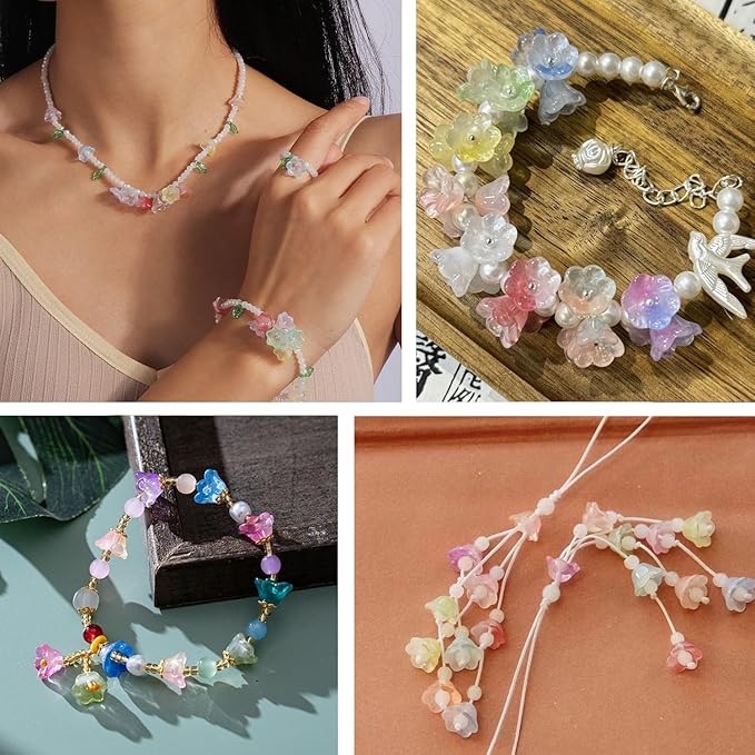 LadayPoa 350pcs Glass Bellflower Beads for Jewelry Making Trumpet Flower Beads Gradient Clear Cute Bead for Bracelets Making Aesthetic Bead Charms for DIY Necklace Decoration-Rainbow Series