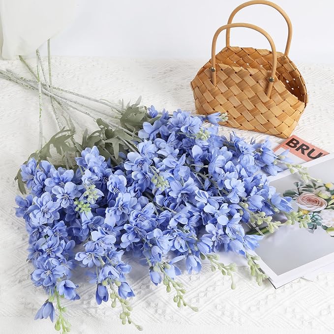8PCS Blue Delphinium Artificial Flowers for Tall Vase 33.5in Long Stem Larkspur Artificial Flowers Fake Silk Flowers Bulk for Home Wedding Floral Arrangement Centerpiece Table Decoration (Blue)