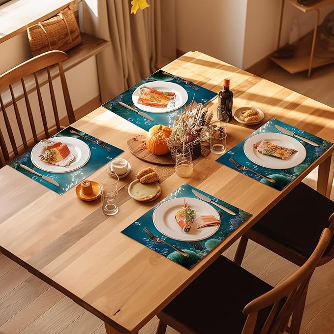 Sea Turtle Placemats Set of 4, Waterproof Place Mats Non-Slip Washable Table Mats Set for Kitchen Dining Holiday Party Wedding Decor 12x18 Inch