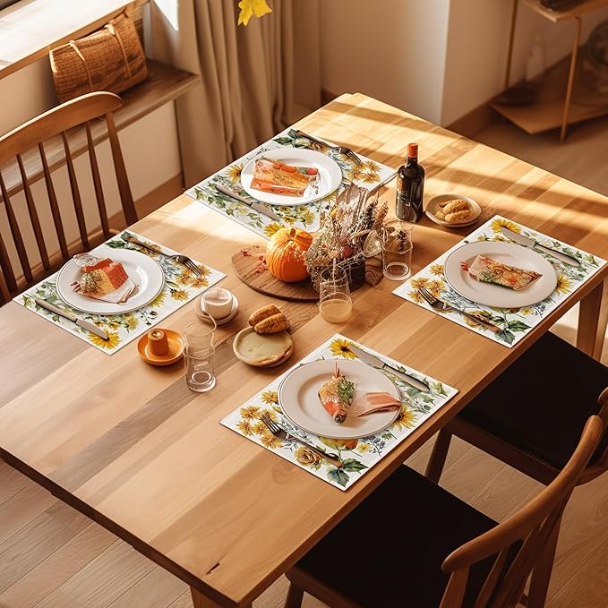 Retro Sunflower Placemats Set of 4, Flower Plants Place Mats Non-Slip Heat Resistant Washable Placemat for Party Kitchen Dining Table Decoration Indoor Outdoor 12x18 Inch