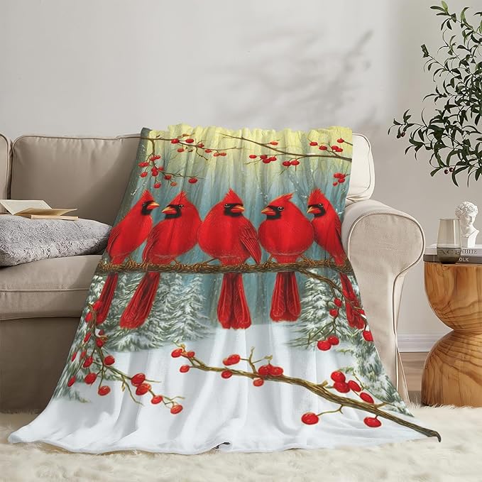Cardinal Throw Blanket Red Bird Blanket Cardinal Soft Cozy Fleece Fuzzy Stuffed Plush Flannel Gifts for Girls Women Boys Kids Adults 40''x50''