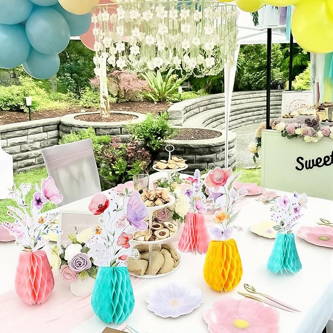 12 Pcs Wildflowers Honeycomb Centerpieces Flower Birthday Party Decoration Floral Honeycomb Spring Summer Theme Table Centerpieces Decorations for Little Wildflower Baby Shower Supplies