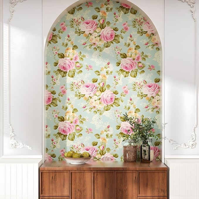 Blue Rose Wallpaper Peel and Stick Boho Wallpaper 17.5in x 9.8ft Vintage Floral Contact Paper Vinyl Self Adhesive Removable Modern Floral Wall Paper for Bedroom Shelf Liner Cabinet Decor