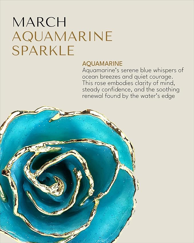 Forever Rose Hand-Dipped in 24K Gold, Aquamarine-Inspired March Birthstone with Sparkles, Real Rose in Leather Case with LED Light – Gift for Birthday or Any Occasion