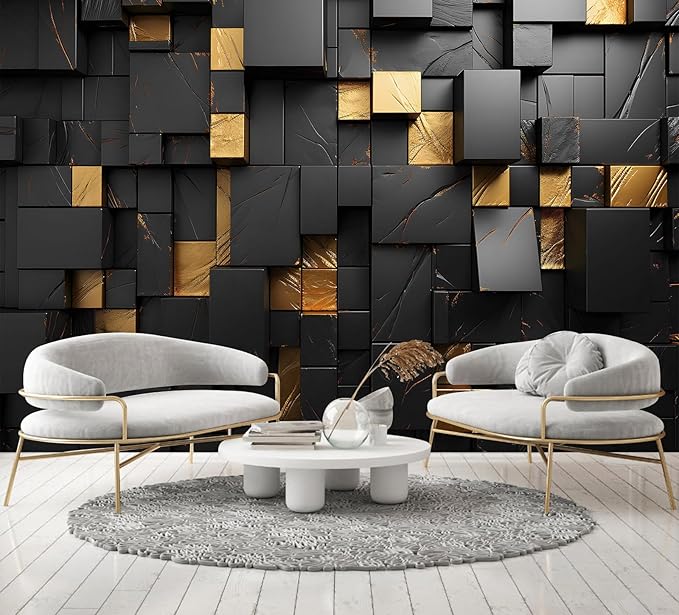 Black Gold Geometric Wallpaper Peel and Stick 3D Large Self Adhesive Wall Mural for Living Room 157"x108"