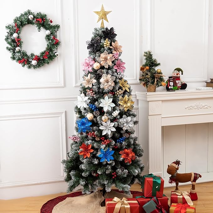 24Pcs White Glitter Poinsettia Christmas Tree Ornaments and Glitter Berries Stems, 16Pcs Christmas Artificial Flowers and 8 Pack Christmas Tree Picks for Wedding Holiday Decorations