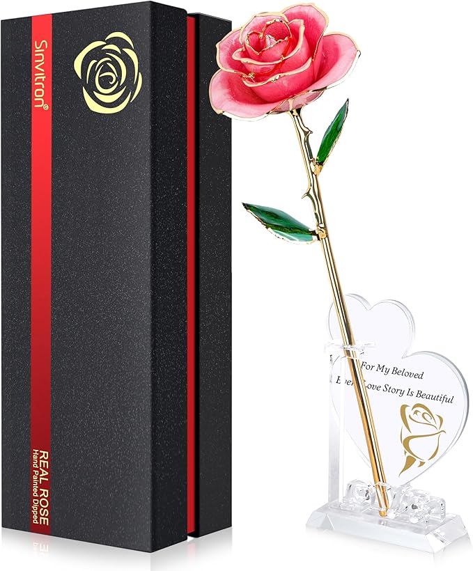 Sinvitron Gold Dipped Infinity Rose Forever Flower Decor, Resin Preserved Real Rose Birthday Gift for Women, Anniversary Present for Mom (Sweet Pink)