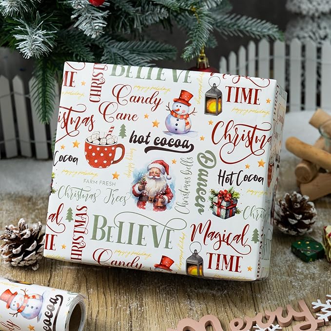 MAYPLUSS Christmas Wrapping Paper Roll - 17 In x 33 Feet - Cute Watercolor Santa Claus Snowman Christmas Gift Wrap Paper for New Year, Holiday, Kids