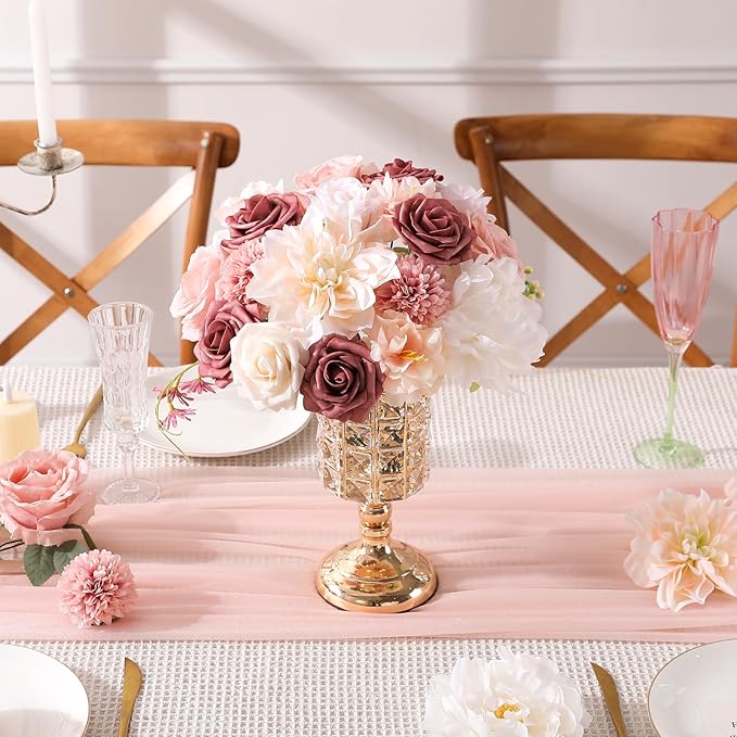 Artificial Flowers Combo, Mix Silk Flowers Roses, Peonies, Dahlias with Stems for DIY Wedding Bridal Bouquets, Baby Shower, Table Centerpieces, Home Decor, Fake Floral Arrangements-Blush Pink