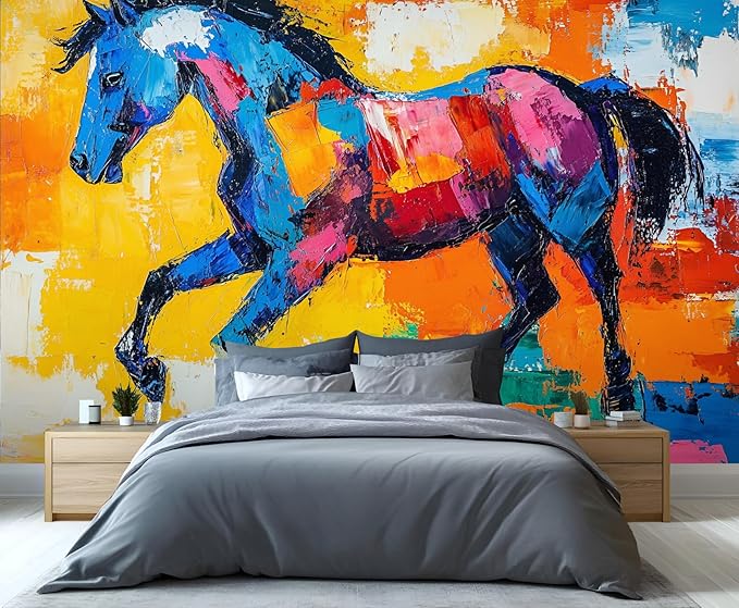 Abstract Horse Wall Mural, Colorful Horse Art 3D Wall Murals, Bold Abstract Animal Wallpaper Mural, for Living Room Bedroom Large Wallpaper Indoor Decor 137.8" W x100 H