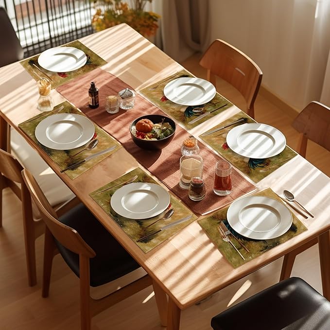 Fall Roosters Placemats Set of 6,Washable Heat Resistant 12×18 Inch Linen Table Mats Farmhouse Animal Place Mats for Party Outdoor Dining Decor