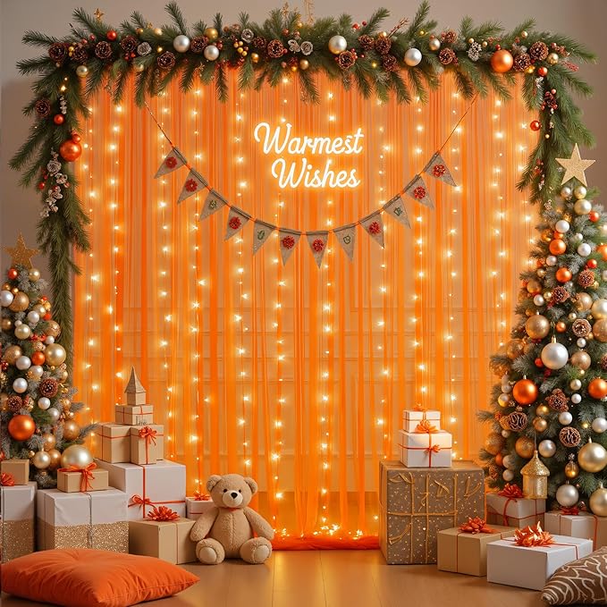 10ft x 10ft Orange Tulle Photo Backdrop Curtain with Lights String for Halloween Party Orange Sheer Curtain Backdrop Drapes for Birthday Party Wedding Photo Booth Background Home Room Decorations