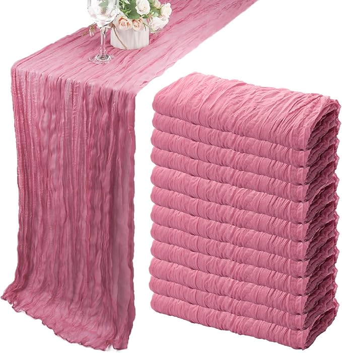 12 Pack 10Ft Cheesecloth Table Runner 35x120 Inch Boho Gauze Table Runner Rustic Cheese Cloth Long Romantic Table Runners for Wedding Bridal Shower Birthday Party Table Decor (Dusty Rose)
