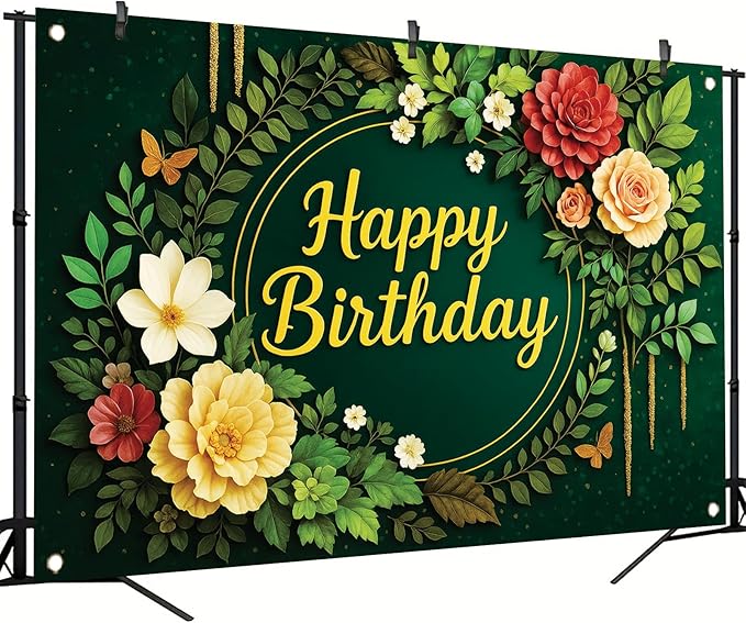 Greenery Birthday Backdrop Green Floral Banner Butterfly Happy Birthday Photography Background for Women Girls Lady Newborn Baby Shower Party Supplies Photo Booth Props 71 x 43 Inch
