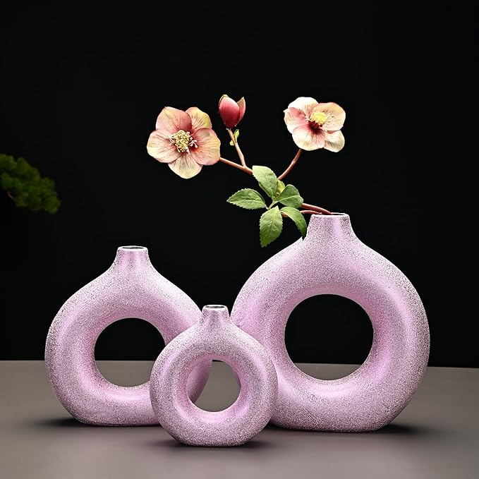 Modern Donut-Shaped Decorative Vases, Handmade Minimalist Boho ins Style, Modern Vase for Home Decor for Wedding Dinner Table Party Living Room Office Bedroom (Purple-Gold, Large)
