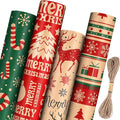 Panigkids Christmas Wrapping Paper Set with Jute Twine, Red, Green & Natural Kraft Rolls with Candy Canes, Reindeer & Merry Christmas Print (17 inch x 17 ft) 4 Rolls