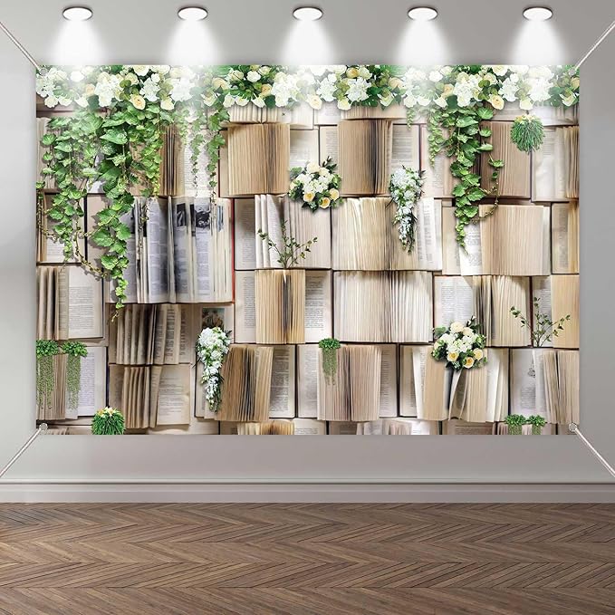 6x4ft Book Photo Backdrops Books Pages Green Leaves White Flowers Background Wedding Birthday Party Princess Photo Studio Props KUHBDJ165