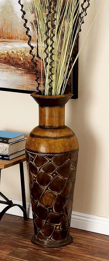 Deco 79 Metal Decorative Vase Indoor Outdoor Tall Floor Bottleneck Centerpiece Vases with Tortoise Shell Pattern, Set of 3 Flower Vases for Home Decoration 50", 35", 26"H, Brown
