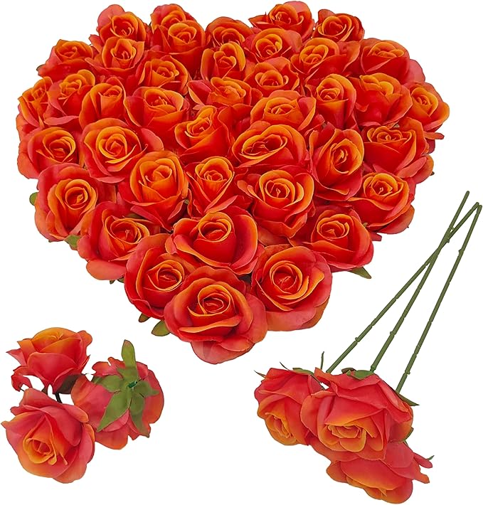 Artificial Satin Sunset Red Rose Flower Heads,42 Pcs Orange Red Silk Rose Heads with Stems,3.5'' Rose Artificial Flowers Bulk,Artificial Rose Flower Heads for DIY Crafts Bouquet (42, Sunset red)