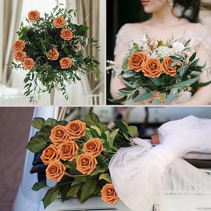 100PCS Artificial Flowers Gold Sparrow Roses Real Looking Foam Fake Roses with Leaves and for DIY Wedding Bouquets Bridal Shower Centerpieces Party Decorations (Gold Sparrow, 100)
