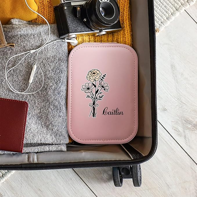 callie Personalized Birth Flower Jewelry Box with Mirror & LED 3 Adjustable Light, Custom Name - Travel Makeup Organizer Box, Birthday Christmas Gift for Women Girls