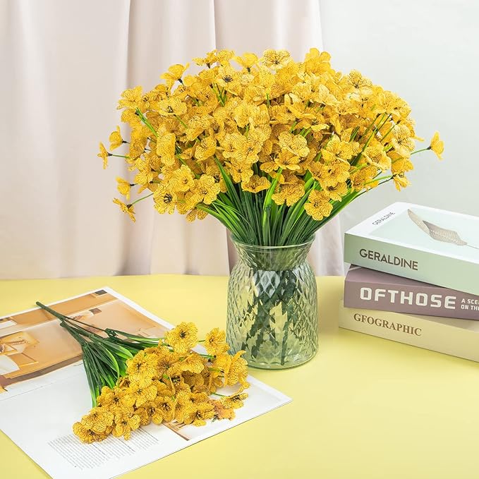 Ouddy Decor 12 Bundles Artificial Flowers for Decorations Fake Silk Plants for Outdoors UV Resistant Faux Plastic Greenery Stems for Garden Porch Window Box Home Spring Decor, Yellow