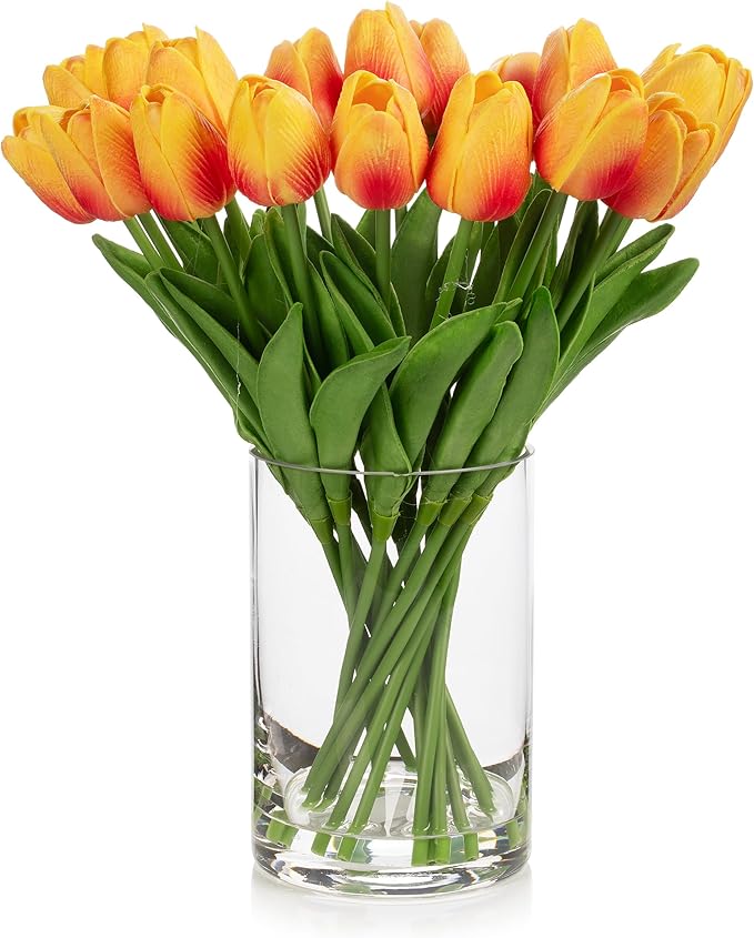 ENOVA FLORAL 20 Heads Real Touch Artificial Tulips Flowers Centerpieces for Dining Table Decorations, Wedding, Farmhouse Decor (Orange)