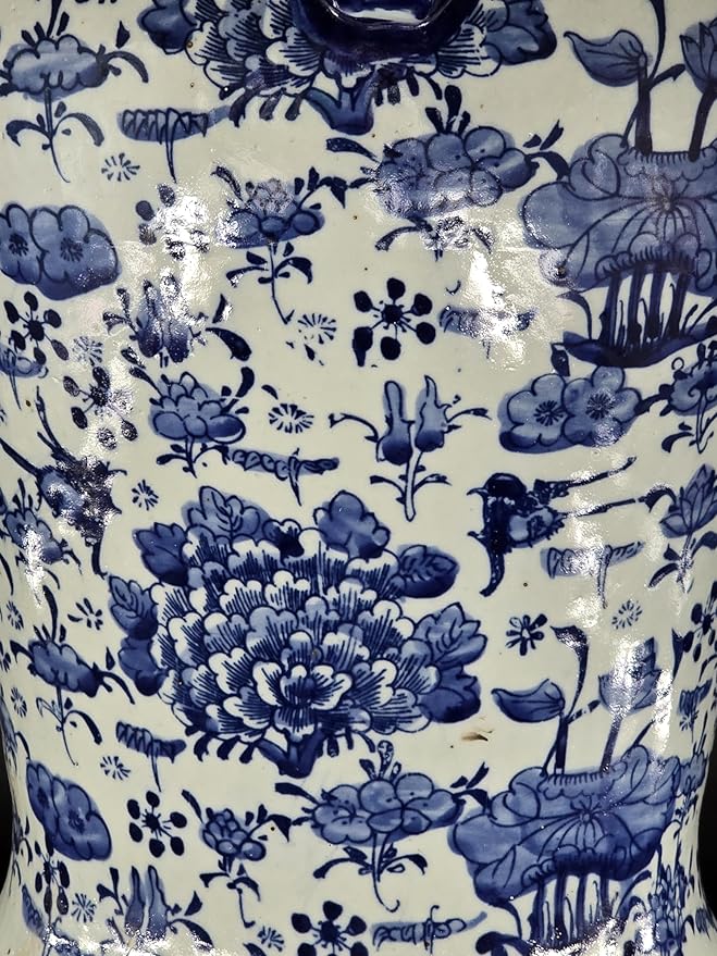 19" Antique Like Finish Blue and White Ginger Jars Porcelain Temple Ceramic Ginger Jar Vase, China Ming Style, Lotus and Flowers Jingdezhen(L5)