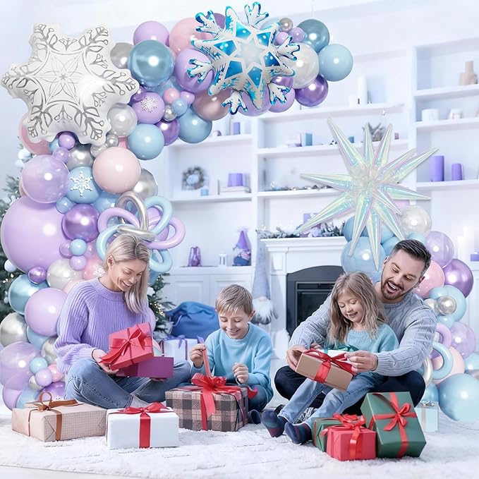 Winter Wonderland Balloon Arch Garland Kit, Snowflake Blue Pink Purple Silver White Balloons Snowflake Star Foil Balloon for Holiday Snow Princess Xmas Christmas Baby Shower Birthday Party Decorations