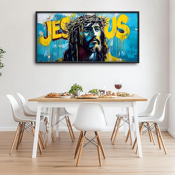 Banksy Jesus Large Wall Art Graffiti Framed Wall Decor for Living Room Pop Street Pictures Oversized Canvas Print Painting Modern Extra Large Framed Artwork for Bedroom Office 60"x30"