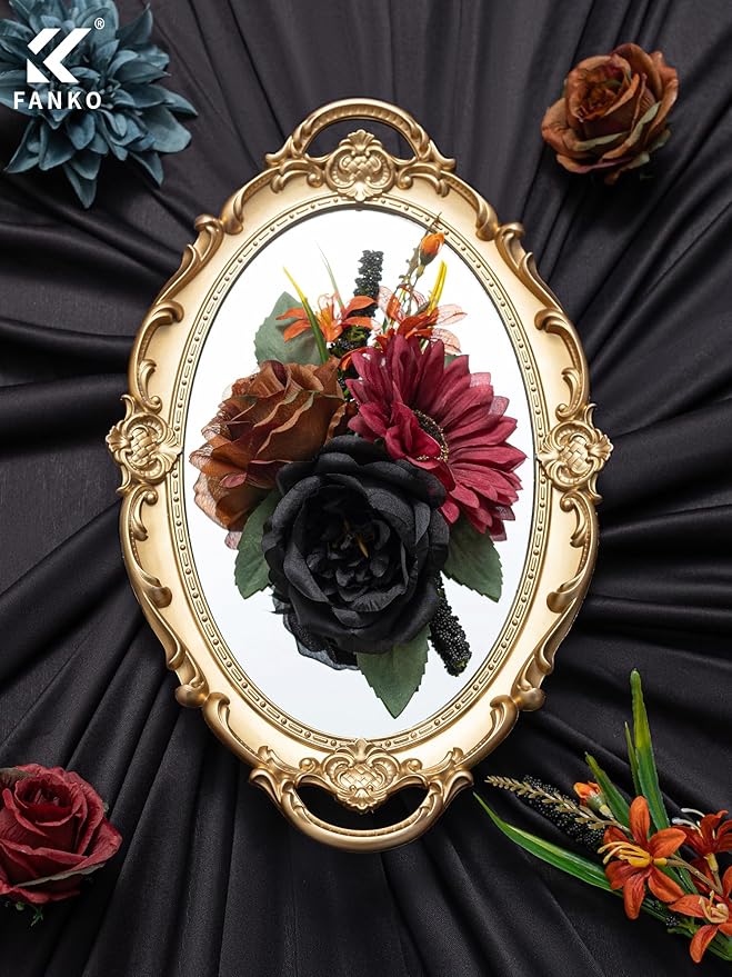 FANKO Artificial Flowers Black Rose: Mixed Fake Silk Flowers Combo Brown Rose Dusty Blue Dahlia Burgundy Sunflower Vintage for DIY Wedding Bridal Bouquets/Centerpieces/Home Decor