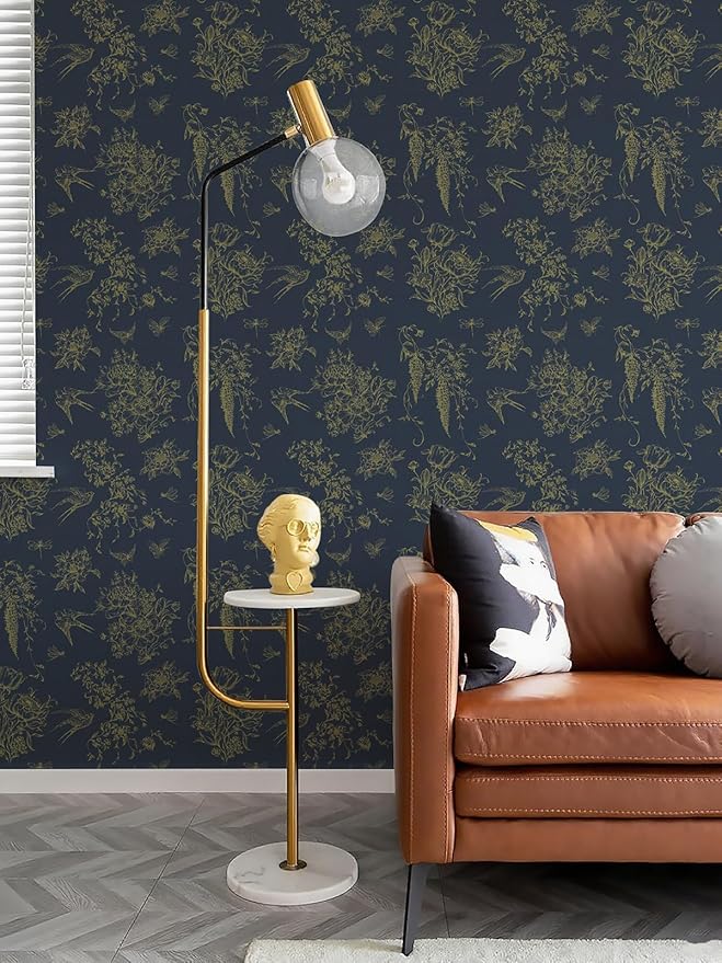 Floral Birds Wallpaper Peel and Stick Dark Blue Contact Paper 16.9”x 118.1” Vintage Floral Self Adhesive Removable Wallpaper Flower Birds Wall Paper for Bathroom Kitchen Decor Vinyl
