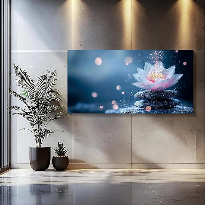 Iallbin Zen Stone Wall Art & Zen Wall Decor, Single Luminous Lotus Flowe Spiritually Uplifting Quality -for Yoga Meditation Room, Spa & Bathroom, Lavender-Pink Art Deco Style, Ready to Hang, 58x29 Inches