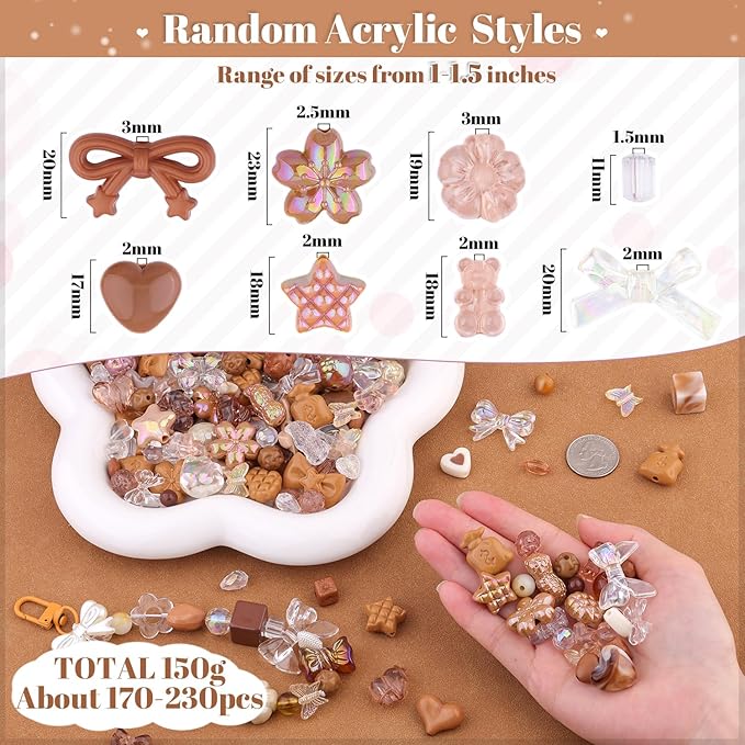 Assorted Acrylic Beads, 200-260PCS Brown Cute Beads for Bracelet Making, GummyBear Bow Flower Candy Kawaii Charms for Jewelry Making DIY Necklace Keychain Phone Charm Christmas Gift