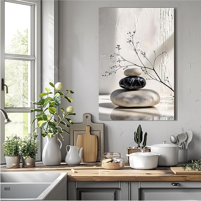 Gray and black stone pile and dried flowers poster canvas wall art in harmony Minimalist wall art for tranquil homes and mindful spaces 16x24in Wood Framed