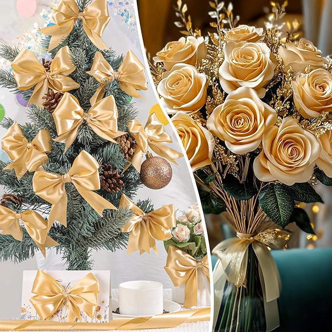 Gold Ribbon 1-1/2 Inch 60 Yards Gold Satin Christmas Ribbon Gift Bows for Gift Wrapping Floral Flower Bouquet Wedding Party Holiday Christmas Decorations