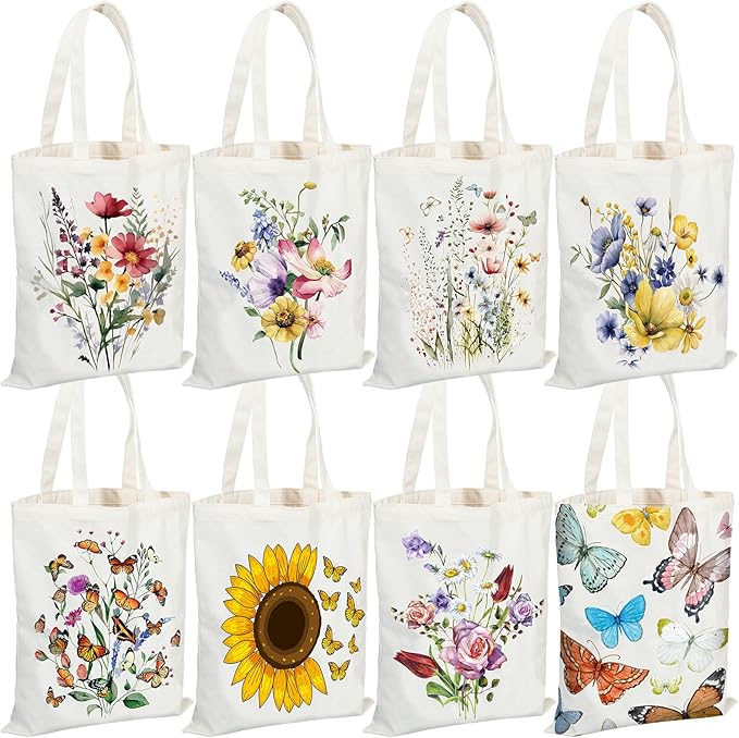 Sweetude 8 Pcs Christmas Book Lovers Club Gifts Bulk Canvas Tote Bags Bookish Librarian Reader Gift for Women Teacher Present(Butterfly)