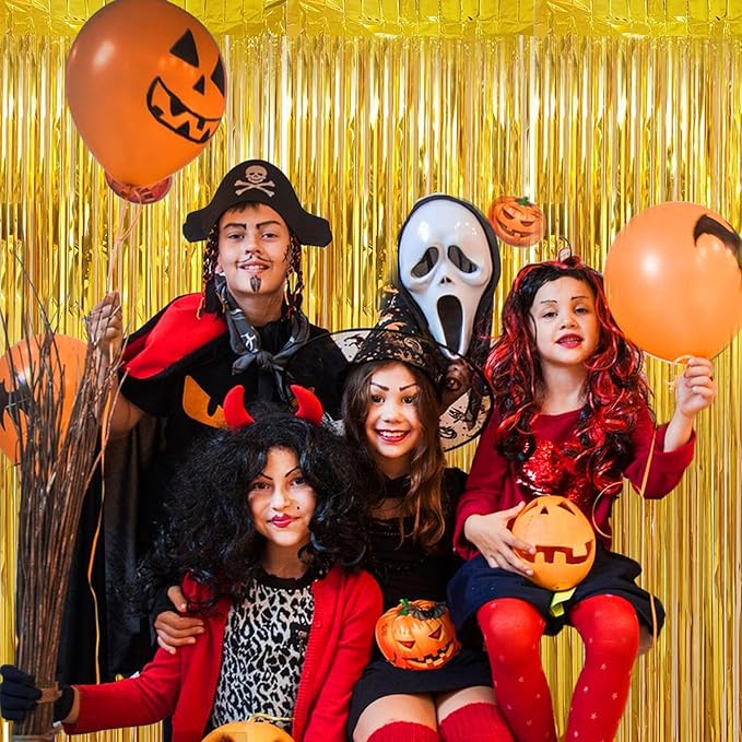2 Pack 3.28 ft x 6.56 ft Golden Tinsel Curtain Party Backdrop Decorations, Metallic Foil Fringe Backdrop Door for Halloween, Christmas, Birthday Graduat