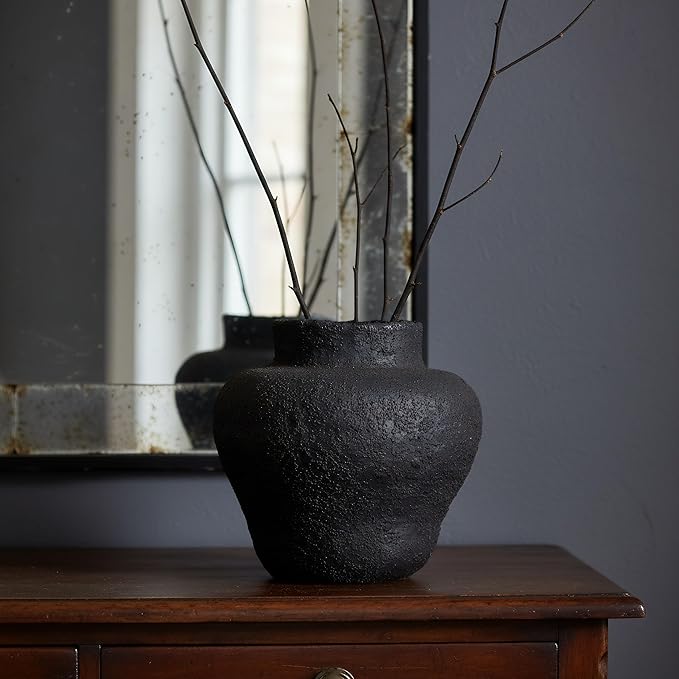 Rustic Ceramic Vase Vintage Farmhouse Style Decor, Frosted Texture Pottery for Home Decor, Modern Living Room, Office Desk Table Centerpiece (Black) 5.5IN