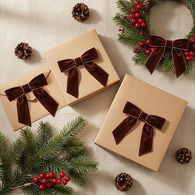 30 Pcs Velvet Ribbon Bows 5" x 4" Pre Tied Christmas Velvet Bows with Twist Tie for Gift Packaging Christmas Tree Wreaths Door Windows Wedding Party Decoration(Brown)