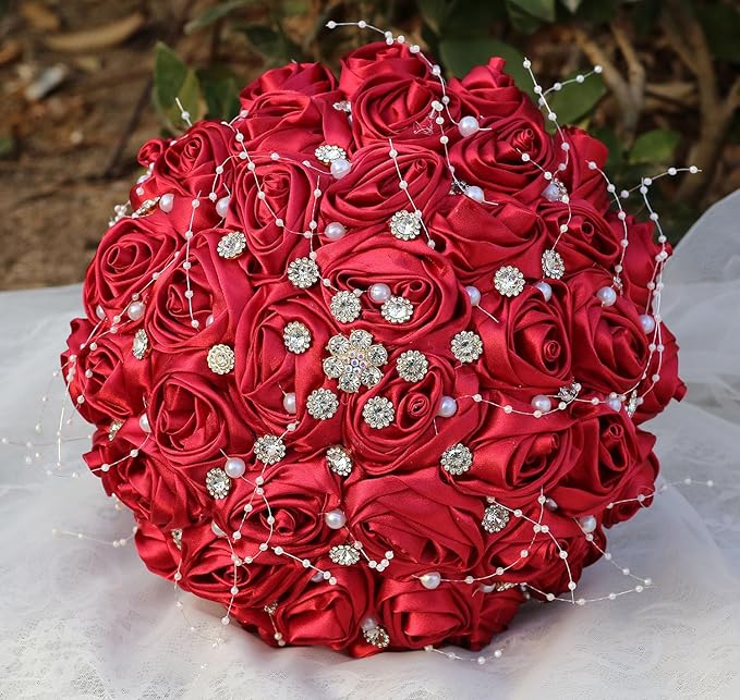 Bridal Wedding Bouquet Round Bling Brooch Bouquet Throw Toss Artificial Rose Flower Bunch for Bride Bridesmaid Wedding Quinceanera(Ruby Red, 9.8")