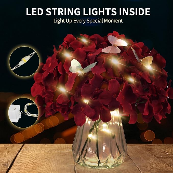 64PCS Artificial Hydrangea Flowers with Stems, Silk Hydrangea Heads with LED Decorative Lights, Crystal Strings & Butterfly Accents for Wedding Centerpieces and Home Decor(64, Burgundy)