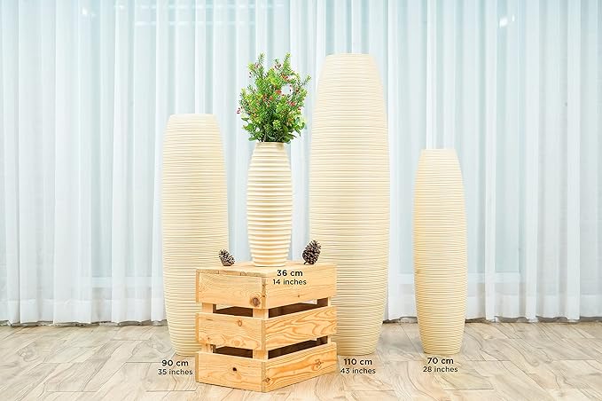 Leewadee Large Cream Home Decor Floor Vase – Wooden 28 inches Tall Farmhouse Decor Flower Holder for Fake Plant and Pampas Grass