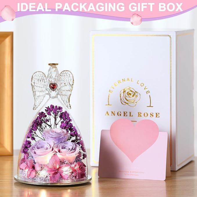 Mothers Day Rose Gifts for Women, Large Angel Figurines with Real Roses, Preserved Real Flower Rose for Her, PinkPurPur