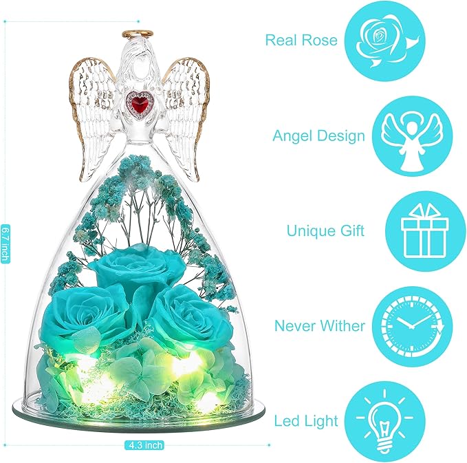 Mothers Day Rose Gifts for Women, Large Angel Figurines with Real Roses, Preserved Real Flower Rose for Her - Aqua Blue