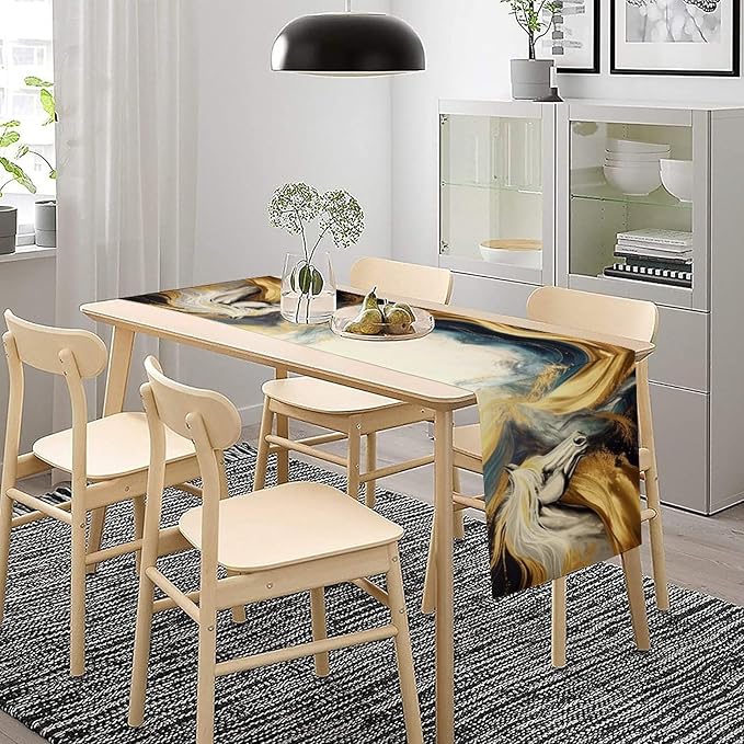 Marble Horse Table Runner, Dark Green Brown Marble Abstract White Horses Gold Natural Texture Dinner Runner Table Decoration for Home Kitchen Dining Holiday Party 13x120in