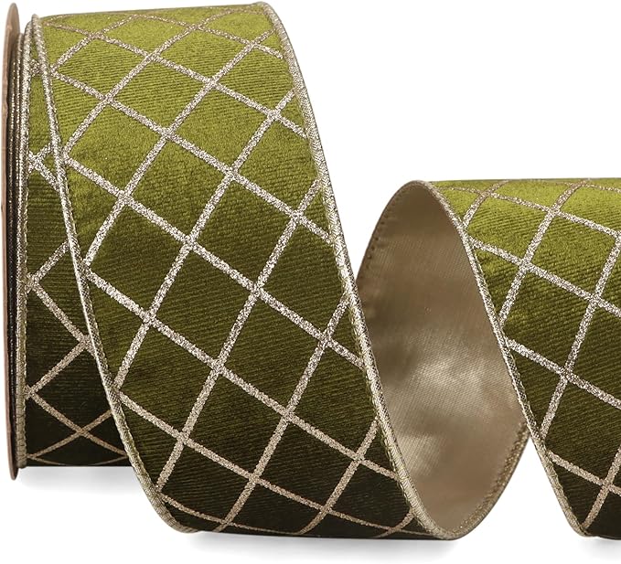 Ribbli Moss Green Velvet Ribbon Wired with Glitter Diamond Grid 2-1/2 Inch Christmas Ribbon for Christmas Tree Decoration Big Bow Gift Wrapping Crafts Wreaths Garland Supplies - 10 Yards